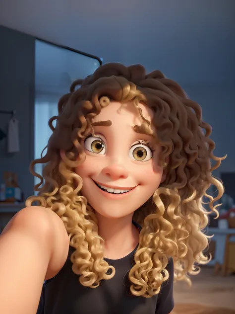 a poster inspired by Disney Pixar films with the Title: Clara Social ( In Portuguese). menina pele branca, of medium curly hair with BLONDE highlights, 19 anos, olhos castanhos, sorridente, segurando um iPhone 15 em um studio de fotografia. Roupa profissio...