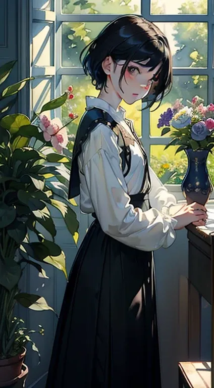 ((Watercolor by singer Sargent))、(top-quality、​masterpiece)、1girl in、sixteen years old、A stunning、Short black hair、tiny chest、校服、long  skirt、Botanical Garden、Flower Shop、The table、florals、window、houseplant、 The tree,