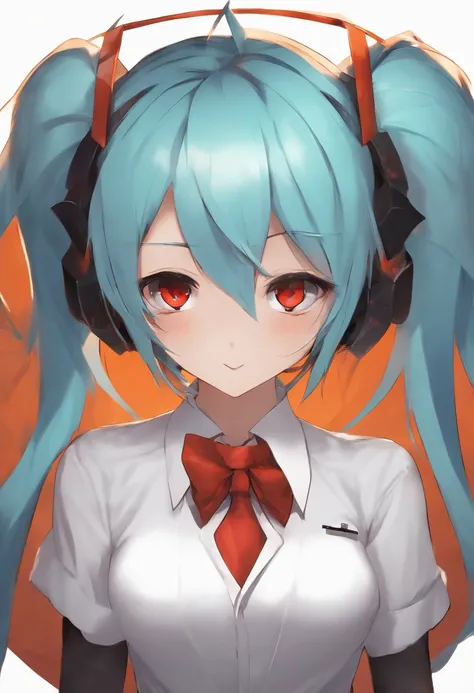 Masterpiece, Hatsune Miku, White shirt, Blue tie, Bare shoulders, separated sleeves, Evil smiley, Dark skin, Red eyes, Black eyes, Pupils orange,