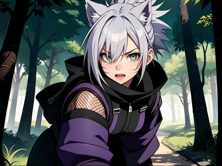 SFW, ultra 4k hd, absurdres, anime, naruto (anime), naruto (art style), white hair, lavender hair, gray hair, silver hair, neko, green eyes, ninja, short hair, chubby, medium breasts, messy hair, gray hair, cat ears, catgirl, nekomimi, cat tail, forehead p...