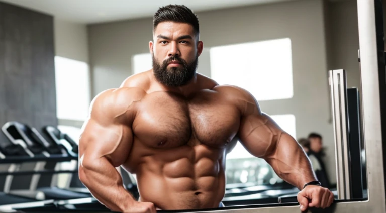 (Very detailed 8k wallpaper), Strong Asian Men, At the gym, high detailing, buzzcut, very short beard, very large and strong body, bulging muscles, well-muscled, very large pectoral muscles. Very sexy abs, legs are muscular, Toned figure, lightens oily ski...