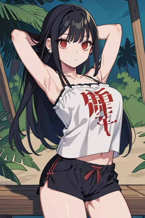 (masterpiece), (best quality), (ultra-detailed), (best illustration), (best shadow), (absurdres), 1girl, solo, Chihara, 1girl, solo, black hair, shorts, long hair, looking at viewer, black shorts, forest, camisole, red eyes, breasts, earrings, short shorts...