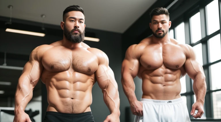 (Very detailed 8k wallpaper), Strong Asian Men, At the gym, high detailing, buzzcut, very short beard, very large and strong body, bulging muscles, well-muscled, very large pectoral muscles. Very sexy abs, legs are muscular, Toned figure, lightens oily ski...