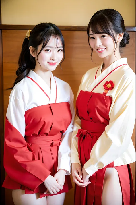 2 girls in old-Japan school classroom,very long sheer sleeved white and red open hakama with gold bow,red flower brooch on hair,obi thong,18-year-old,bangs,a little smiles,knees,low ponytail,from below