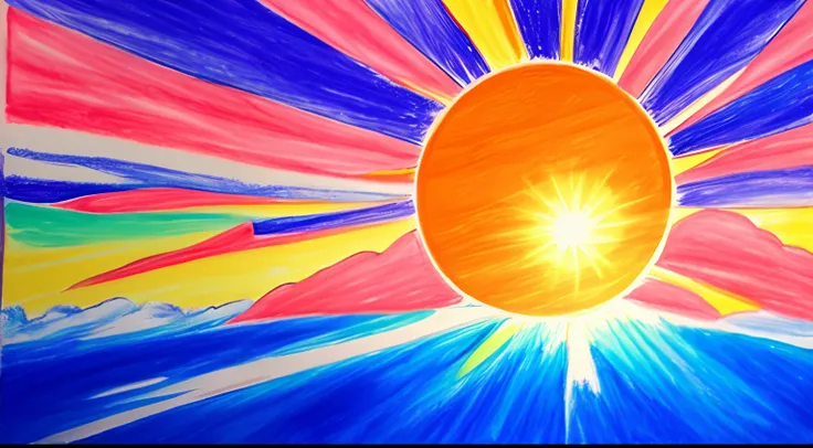 Children are intrigued.、Draw a thumbnail image of the sun theme that makes you feel fun。The sun smiles gently、Describe the bright and happy colors that are spreading around you。Giving hope and joy to children、Create a positive and pleasant atmosphere。