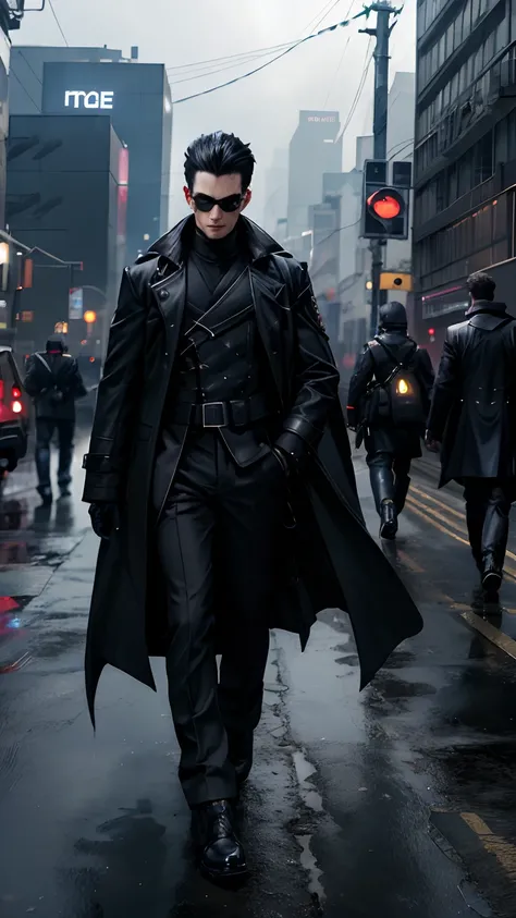 A man wearing a black coat and black trousers walked across the bridge., Tech-savvy long coat, He was wearing a black coat., Photos of the film series, Fashion Cyberpunk Clothing, Coat and suit, Square Enixs playstyle, Neo from The Matrix, Based on Yamagat...