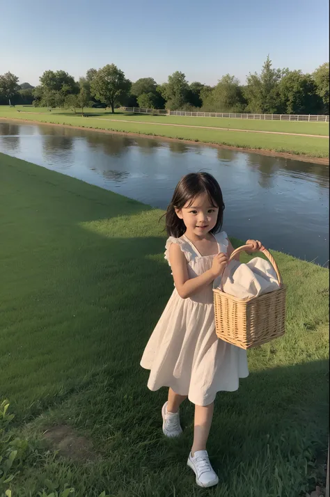 in the early morning,A small child carries a basket,Walk on the field,There is a river in the distance,In the river stood a beautiful woman with a perfect figure