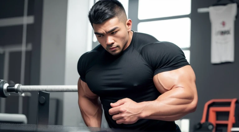 (Very detailed 8k wallpaper), Strong Asian Men, At the gym, high detailing, buzzcut, very large and strong body, bulging muscles, well-muscled, very large pectoral muscles. Very sexy abs, legs are muscular, Toned figure, lightens oily skin, muscular, Tank ...