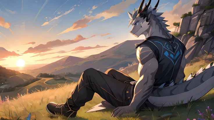 Masterpiece, Cool Pose, Furry Gray Dragon, Medium Muscular Body, Blue Eyes, Grey Medium Hair, Casual Set, Fierce, Good looking, Smirking, Breeze wind, Comfortable, Looking To Back, Sitting In Grass, High Ground, Sunset, Hill Background