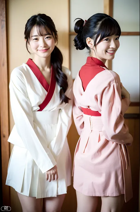 2 girls in old-Japan school classroom,very long sleeved white open hakama,red flower brooch on hair,obi thong,18-year-old,bangs,a little smiles,knees,low ponytail,from below