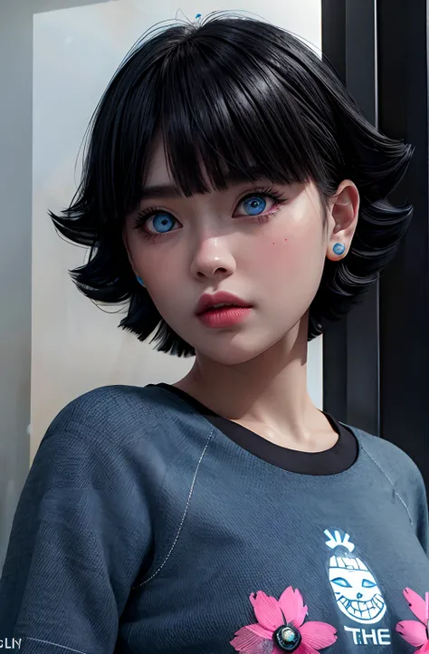 The Masterpiece、(photorealestic:1.4)、best qulaity、beautiful  lighting、(ulzzang-6500:0.5)、uszumaki himawari (chainsawman)、(Bob hair)+(blackhair)+(bangs)、blue eye、blue eye、((Ring-shaped eyes))、(Floral clothing)、RAW Photography、8k UHD、film grains , cute girl ...