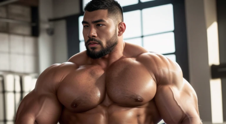 (Very detailed 8k wallpaper), Strong Asian Men, At the gym, high detailing, buzzcut, very large and strong body, bulging muscles, well-muscled, very large pectoral muscles. Very sexy abs, legs are muscular, Toned figure, lightens oily skin, muscular, Tank ...