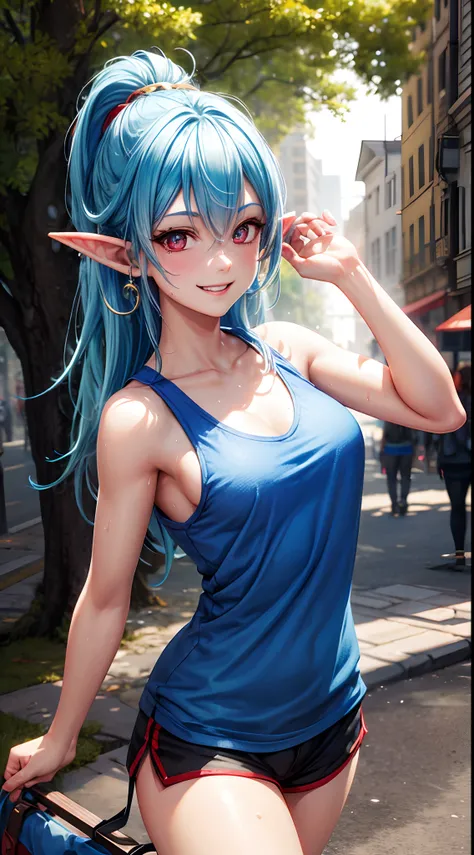 Young Elf Female, Blue Hair, Red Eye, Tree Earring, Sweaty Tank Top, Golden City Theme, Happy Emotion mood, Cute Smile, 3D, Realistic, HDR, HD, Background, RTX, 2K, Masterpiece.