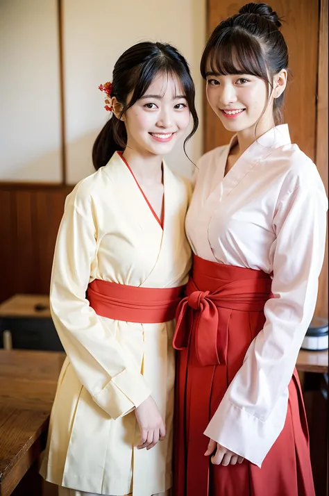 2 girls in old-Japan school classroom,very long sheer sleeved white and red open hakama,red flower brooch on hair,obi thong,18-year-old,bangs,a little smiles,knees,low ponytail,from below