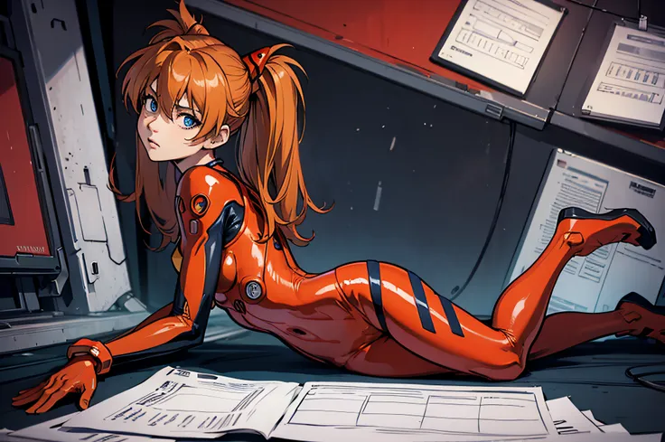 from side, (masterpiece), best quality, expressive eyes, perfect face, 1girl, solo,asuka langley soryu, blue eyes, hair between ...