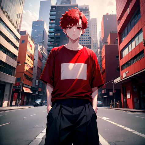 1boy, short red hair, red eyes, wearing a oversize shirt, long pants, city, absurdres, high res, ultrasharp, 8k masterpiece, looking at viewer