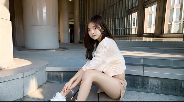 18-year-old female college student in a peach-colored miniskirt