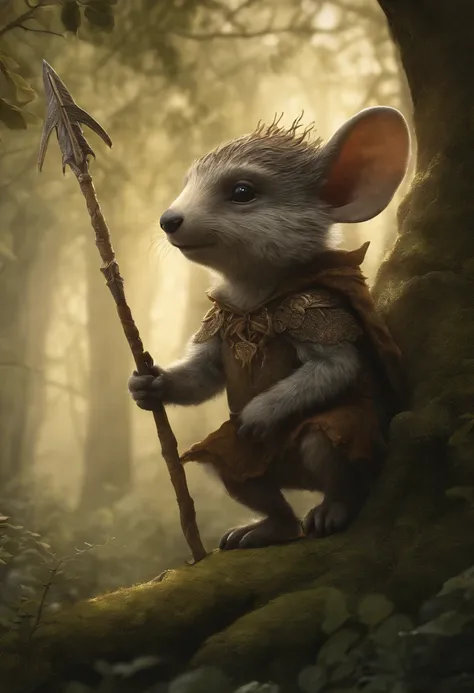 illustration of a little magical cute forest creature. The creature IS holding a spear. fantasy art, intricate details, style Jean - Baptiste Monge, style Alan Lee, anthropomorphic insanity scene from a movie, dramatic shot angle, atmospheric particles, Re...