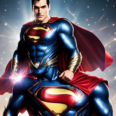 Superman with metallic costumes, glitter of lights on face and dark shocking background armor