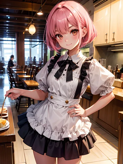 high-level image quality、Golden Eyes、 Pink Short Bob、Bangs at the top of the eyebrows、short bangs、Cafe clerk costume、waitresses、Dark Tone、A slight smil, Vibrant colors、The upper part of the body, Delicate drawing、