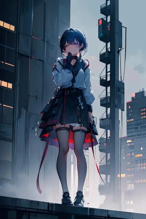 1girl, (((standing on top of a building on the edge))), looking down, (((crying))), tears falling down her face, dystopia, 8k, high quality, detailed face, detailed hands, depressing, sad, raining outside, (((nighttime)))