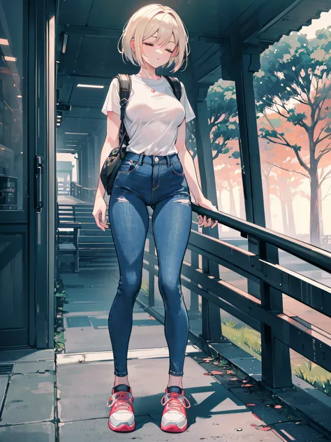 An adult woman walking down the street at night with eyes closed, bob short hair moving bench, long sideburns, thick lips, light low-cut shirt, skintight jeans, all-star sneakers, small backpack, small round breasts, thin waist, thick legs , big ass, full ...