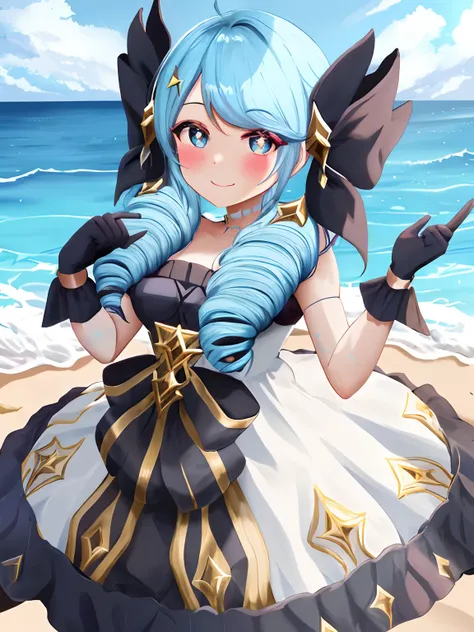 beach, 1girll, absurderes, Black bow, Black gloves, black sock, Blue eyes, Blue hair, bow, 鎖骨, dress, Drill hair, frill dress, frilld, mitts, Gwen (League of Legends), hair adornments, A high resolution, League of Legends, Long hair, parted lip, Puffy slee...