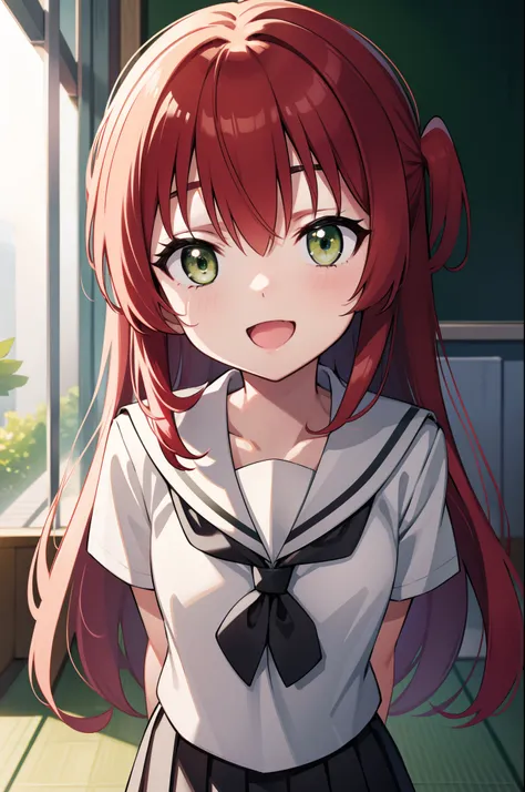 kitaikuyo, ikuyo kita, (green eyes:1.5), hair between eyes, long hair, one side up, red hair, (flat chest:1.2),
break black foot...