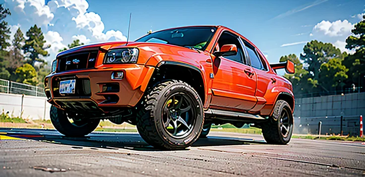 (巨作,Best quality)),Ultra-detailed, 4K, A high resolution, Cinematic, widebody sports car, Vehicle focus, The green jeep rushes off the track, with blue sky and white clouds,Strong perspective,Bump into the screen，Orthogonal diagrams （RAW photos：1.2），（reali...