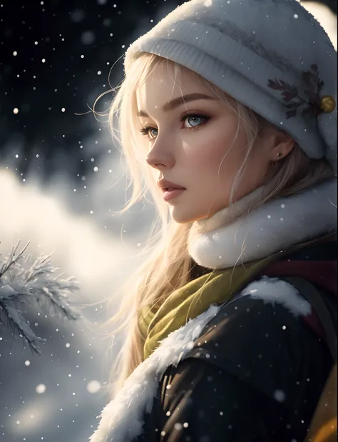 blond woman in winter clothing looking at camera with snow falling, beautiful digital artwork, realistic digital art 4 k, realistic digital art 4k, gorgeous digital painting, 8k artgerm bokeh, beautiful digital painting, stunning digital illustration, cgso...