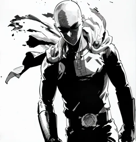 un dibujo de un hombre con una capa, manga one punch man,  dibujo manga a tinta, estilo manga art, saitama de  one punch man,