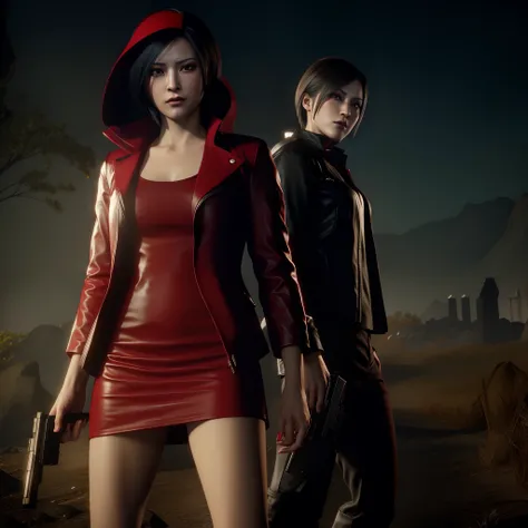 HD, ada wong, beautiful face, bob hair, red coat with black nail polish,  sad face, glare