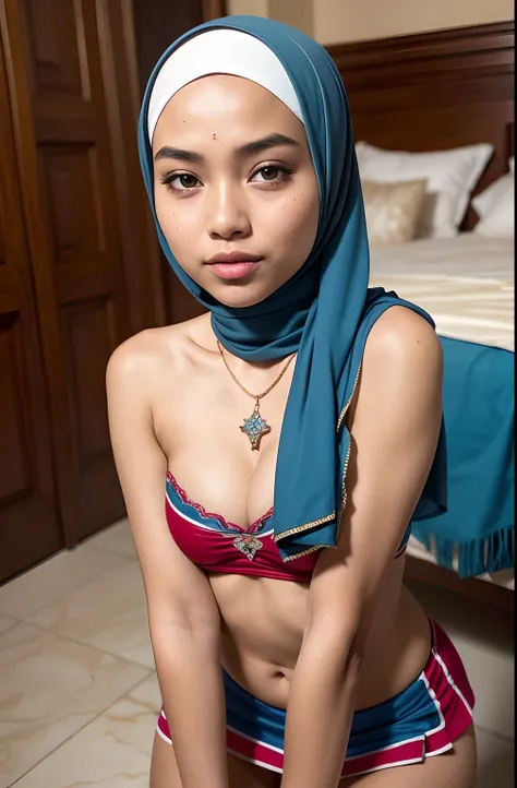 RAW, Best quality, high resolution, masterpiece: 1.3), beautiful javanese teen queen in hijab showing cleavage in sexy cheerleader, highslit,Masterpiece, Soft smile, choker