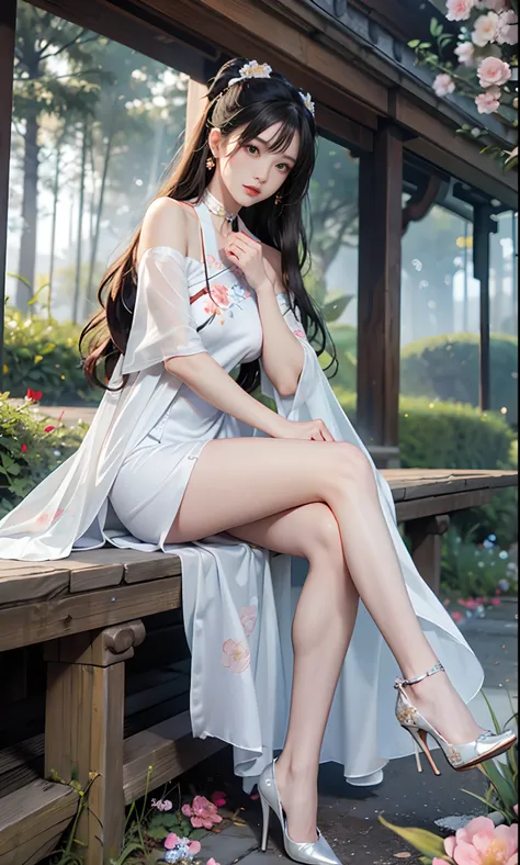 chinese style，((upper body)), shot from a random perspective, brown  hair，chinese outfit, tang feng hanfu, hanfu, (((white dress...