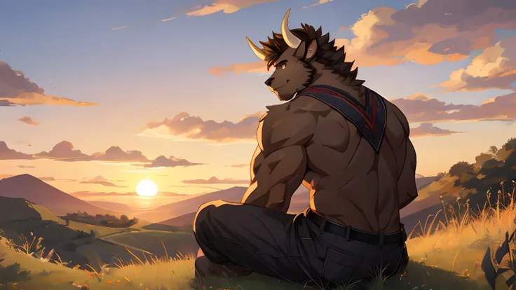 Masterpiece, Cool Pose, Furry Brown Buffalo, Medium Muscular Body, Brown Eyes, Medium Hair, Casual Set, Fierce, Good looking, Smirking, Breeze wind, Comfortable, Looking To Back, Sitting In Grass, High Ground, Sunset, Hill Background