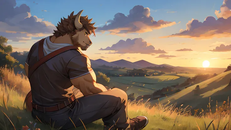 Masterpiece, Cool Pose, Furry Brown Buffalo, Medium Muscular Body, Brown Eyes, Medium Hair, Casual Set, Fierce, Good looking, Smirking, Breeze wind, Comfortable, Looking To Back, Sitting In Grass, High Ground, Sunset, Hill Background