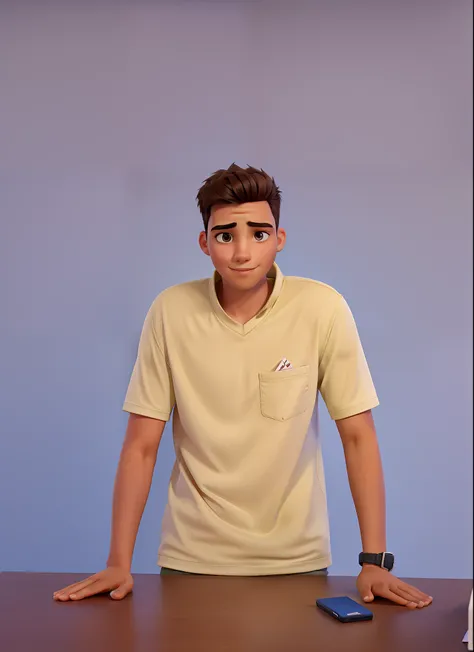 young man, looking at camera, hands on office table.