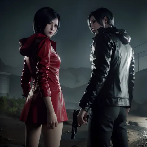 hd, ada wong, beautiful face, bob hair, red coat with black nail polish,  sad face, glare