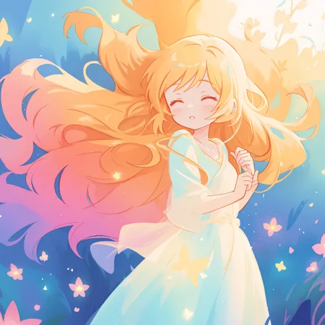 beautiful girl in flowing multi-layered dress, fairy dress, long golden hair, watercolor illustration, inspired by Glen Keane, inspired by Lois van Baarle, disney art style, by Lois van Baarle, glowing aura around her, by Glen Keane, jen bartel, glowing li...