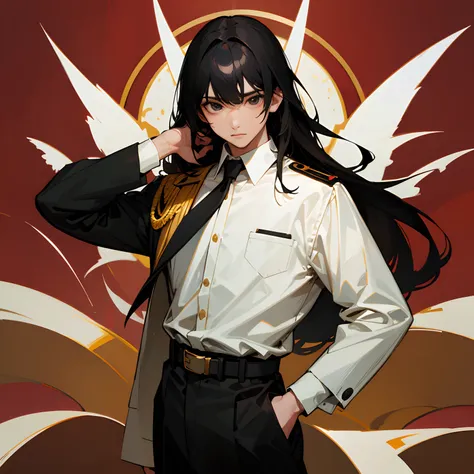 male people，Irvan，She has long black hair, Draped over the shoulders，The bangs are loose, Black eyes, Realistic eyes, Black slacks, White belt, White button-up shirt, Black military jacket，Red accents, Gold and black tie, golden accessories, Stand in the w...