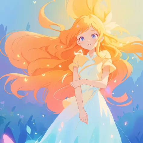 beautiful girl in flowing multi-layered dress, fairy dress, long golden hair, watercolor illustration, inspired by Glen Keane, inspired by Lois van Baarle, disney art style, by Lois van Baarle, glowing aura around her, by Glen Keane, jen bartel, glowing li...