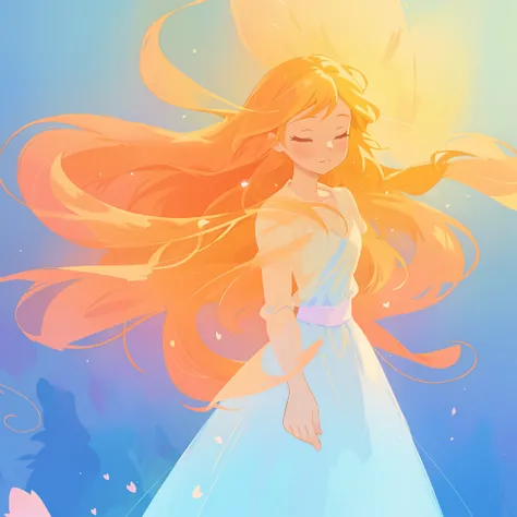 beautiful girl in flowing multi-layered dress, fairy dress, long golden hair, watercolor illustration, inspired by Glen Keane, inspired by Lois van Baarle, disney art style, by Lois van Baarle, glowing aura around her, by Glen Keane, jen bartel, glowing li...