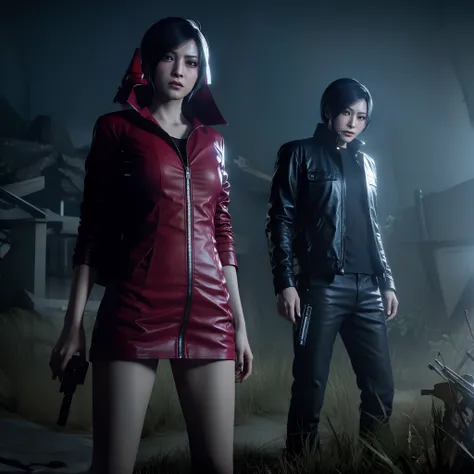 HD, ada wong, beautiful face, bob hair, red coat with black nail polish,  sad face, glare,