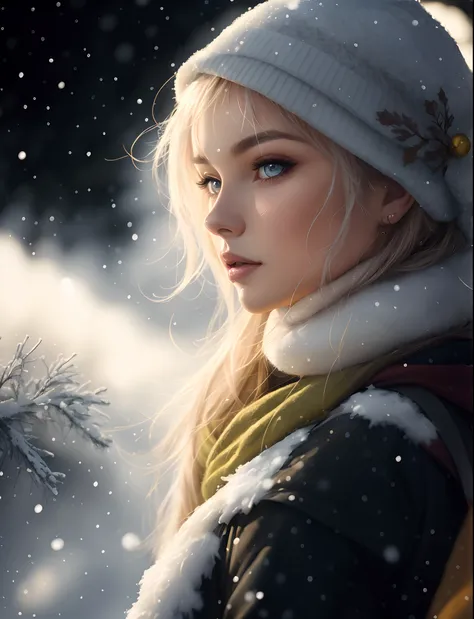 blond woman in winter clothing looking at camera with snow falling, beautiful digital artwork, realistic digital art 4 k, realistic digital art 4k, gorgeous digital painting, 8k artgerm bokeh, beautiful digital painting, stunning digital illustration, cgso...