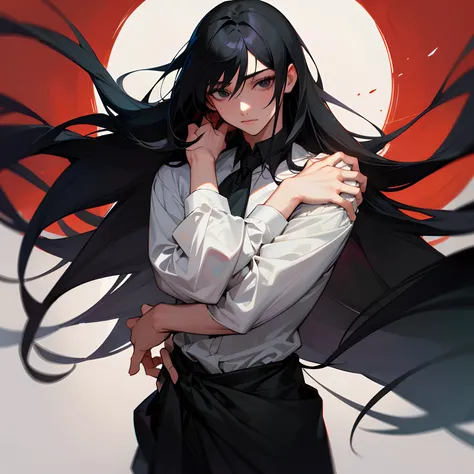 male people，Irvan，She has long black hair, Draped over the shoulders，The bangs are loose, Black eyes, Realistic eyes, Black slacks, Blood background，Green clothes，Red accents,  Stand in the waiting position,Ability to read， Masterpiece, hyper-high detail, ...