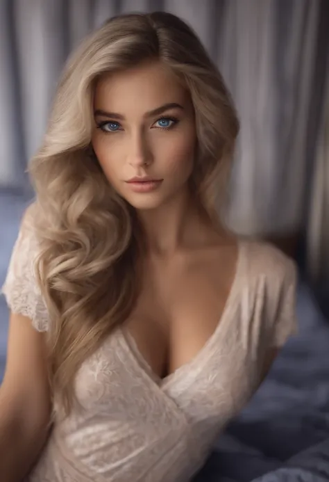 arafed woman fully , sexy girl with blue eyes, ultra realistic, meticulously detailed, portrait sophie mudd, blonde hair and large eyes, selfie of a young woman, bedroom eyes, violet myers, without makeup, natural makeup, looking directly at the camera, fa...