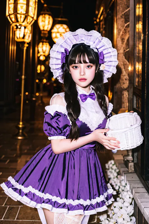 a girl in a violet  dress and sashes holding a white basket, in the style of intricate and bizarre illustrations, nightcore, elaborate drapery, dollcore, he jiaying, elaborate costumes, pale palette