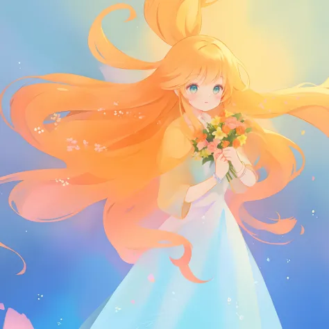 holding a bouquet of golden flowers, flowing golden hair