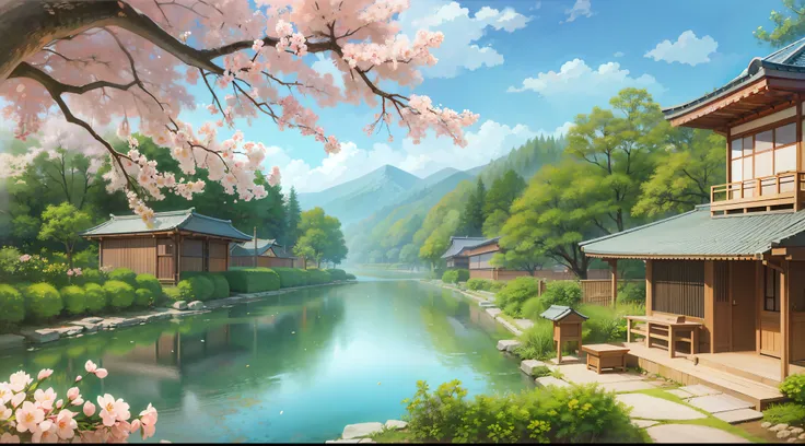 realistic, japanese house, sakura garden, ghibli style, 4k, best quality, masterpiece, original, river in front, anime style