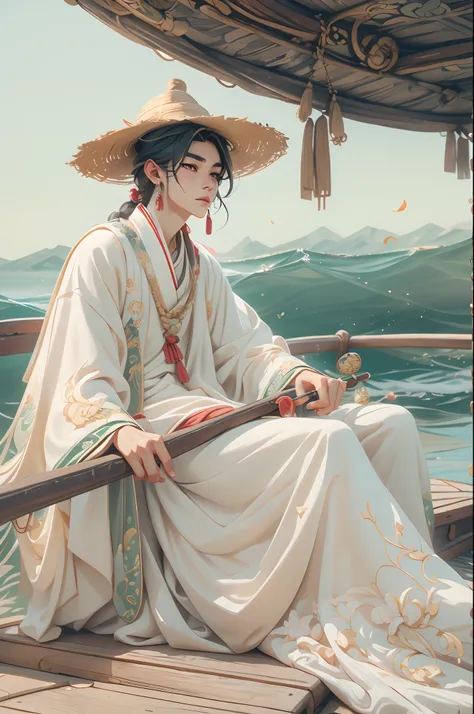 Alphad man in a straw hat sitting on a boat, Cai Xukun, Hanfu, Chinese style, White Hanfu, Inspired by Bian Shoumin, inspired by Liu Jun, with acient chinese clothes, inspired by Huang Gongwang, inspired by Gu An, inspired by Chen Daofu, Inspired by Xiao Y...